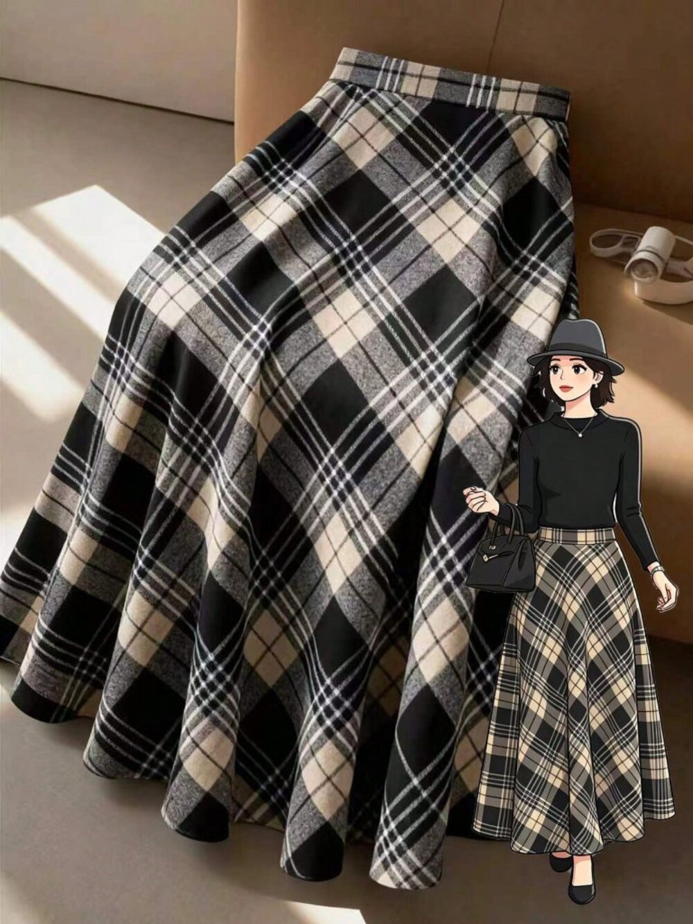 Multicolor Casual Women's Plus Size Loose Long Plaid A-Line Flared Skirt